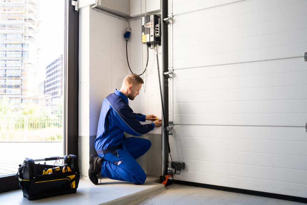 A professional technician in uniform working on the electronic control wall unit of a large white commercial sectional garage door in Crofton